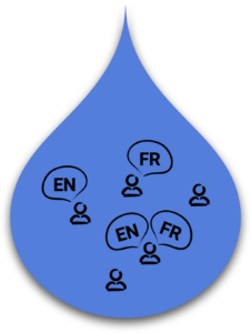 A blue water droplet icon featuring stylized person symbols with speech bubbles labeled 'EN' and 'FR,' symbolizing bilingual communication and inclusivity in English and French.