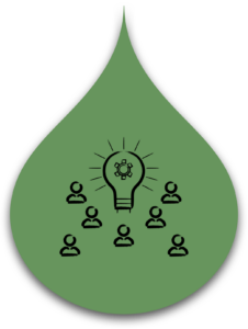 A green water droplet icon featuring stylized person symbols surrounding a glowing light bulb with interconnected gears inside, symbolizing collective action, innovation, and collaborative problem-solving.