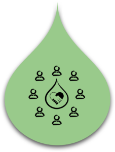 A green water droplet icon featuring stylized person symbols encircling a smaller droplet with a handshake inside, symbolizing collaboration, partnership, and unity in policymaking or community efforts.