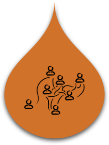 An orange water droplet icon featuring stylized person symbols connected by flowing lines, symbolizing networking, collaboration, and interconnectedness within a community.