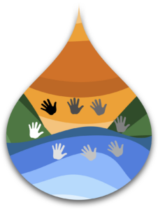 An abstract water droplet illustration featuring colorful layered designs representing hills, sunset, and water, with various handprints in black, white, and gray reaching from each section, symbolizing unity, diversity, and environmental harmony