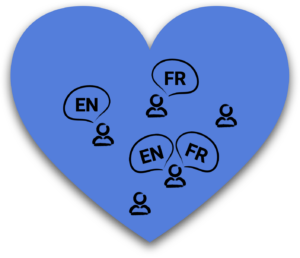 A heart-shaped graphic in blue with speech bubbles containing "EN" and "FR" around icons representing people, symbolizing bilingualism and communication in English and French. // Une illustration en forme de cœur bleu avec des bulles contenant « EN » et « FR » autour d’icônes représentant des personnes, symbolisant le bilinguisme et la communication en anglais et en français.