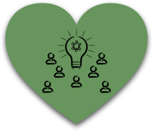 A heart-shaped green graphic with a lightbulb and gear inside, surrounded by people icons, symbolizing collective action and innovative ideas. // Une illustration en forme de cœur vert avec une ampoule et un engrenage à l’intérieur, entourée d’icônes de personnes, symbolisant l’action collective et les idées innovantes.