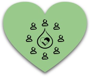 A heart-shaped green graphic featuring a handshake within a water droplet surrounded by people icons, representing collaboration and unity in federal water policy. // Une illustration en forme de cœur vert comportant une poignée de main dans une goutte d'eau entourée d'icônes de personnes, représentant la collaboration et l'unité dans les politiques fédérales de l'eau.