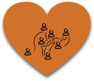 A heart-shaped orange graphic with interconnected people icons, representing network weaving and collaboration among groups. // Une illustration en forme de cœur orange avec des icônes de personnes interconnectées, représentant le tissage de réseau et la collaboration entre groupes.