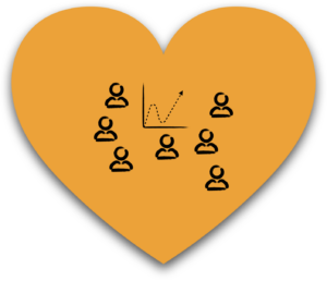 A heart-shaped yellow graphic showing people icons around a chart, representing a shared measurement system for tracking progress and impact. // Une illustration en forme de cœur jaune montrant des icônes de personnes autour d’un graphique, représentant un système de mesure partagée pour suivre les progrès et l’impact.