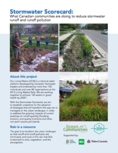 Alt Text: Informational poster titled Stormwater Scorecard about Canadian communities reducing stormwater runoff. The poster includes text about the project and rain as a resource. It features logos of Green Communities, MEC, and Tides Canada. Theres an image of a street lined with trees.

Canadian French Translation: Affiche informative intitulée Stormwater Scorecard sur les communautés canadiennes réduisant le ruissellement des eaux pluviales. Comprend un texte sur le projet et la pluie comme ressource, avec les logos de Green Communities, MEC et Tides Canada. Image dune rue avec des arbres.