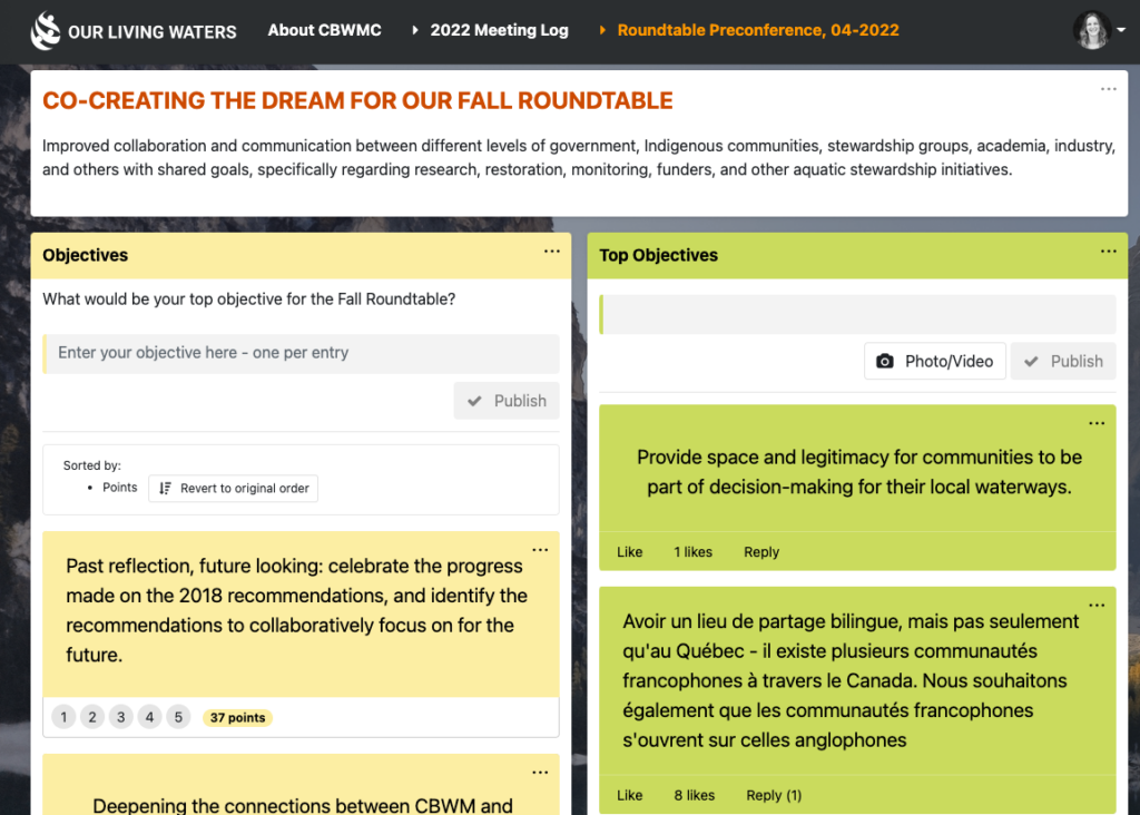 Alt Text: Screenshot of an online collaboration platform discussing Co-Creating the Dream for Our Fall Roundtable. The page includes a section on objectives with contributions from users, some written in English and others in French, accompanied by like and share options. / Capture décran dune plate-forme de collaboration en ligne discutant de Co-créer le rêve pour notre table ronde dautomne. La page comprend une section sur les objectifs avec des contributions dutilisateurs, certaines écrites en anglais et dautres en français, accompagnées des options aimer et partager.