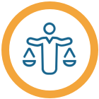 Icon of a person holding a balanced scale, enclosed within an orange circular border, representing fairness, decision-making, and leadership.