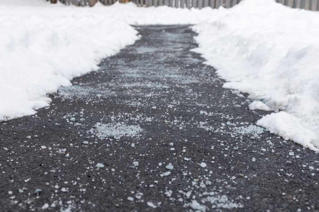 A snow-cleared pathway sprinkled with rock salt, surrounded by piles of snow, leading towards a wooden fence in the background.